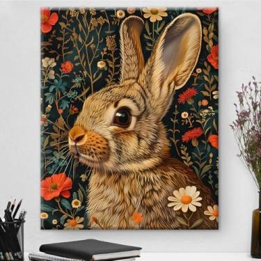 Imagem de Arte de parede botânica de coelho vintage emoldurada - Decoração de parede com flores escuras Academia para sala de estar quarto casa 20 x 25 cm