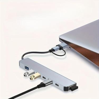 Imagem de Hub USB 7 em 1 com USB 3.0 + 4 portas USB 2.0 + 2 portas USB-C compatíveis com smartphones, laptops, tablets, dispositivos USB, alto-falantes portáteis e dock silber