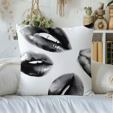 Imagem de Capas de almofada de lábios pretos 45 x 45 cm, decoração moderna em preto e branco para sofá, fronhas decorativas para mordidas de lábios sensuais