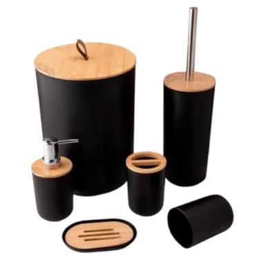 Imagem de Kit Banheiro 6 Peças Conjunto Completo Lixeira Bambu Moderno Lavabo Escova Sanitária(Preto)