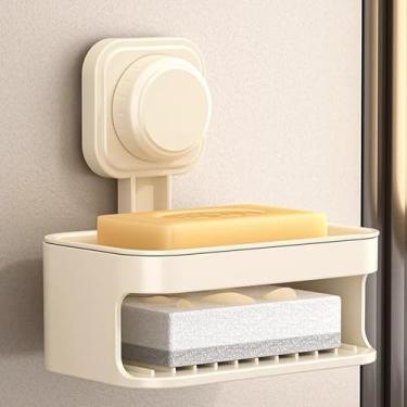 Imagem de Saboneteira para chuveiro, barra de 2 camadas, ventosa com ventosa autodrenante, suporte de esponja para chuveiro, banheiro, cozinha, bege