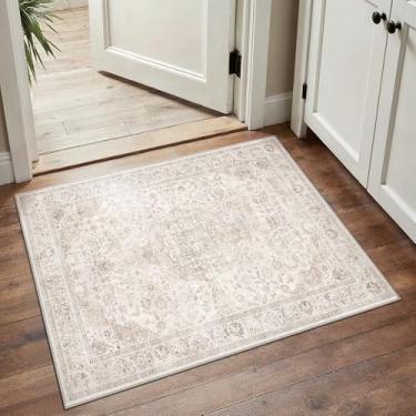 Imagem de HUGEAR Tapete de entrada 2x3 vintage bege pequeno lavável à máquina tapete de porta neutro floral baixo tapete aspirador fino tapete entrada cozinha banheiro quarto antiderrapante leve