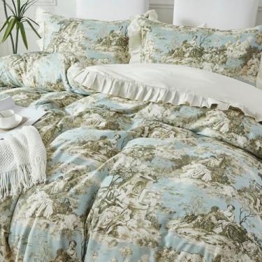 Imagem de Brandream Conjunto de capa de edredom French Country Toile tamanho casal para quarto de meninas vintage toile floral 100% algodão delicado babados franja macia respirável, 3 peças de cama cottagecore
