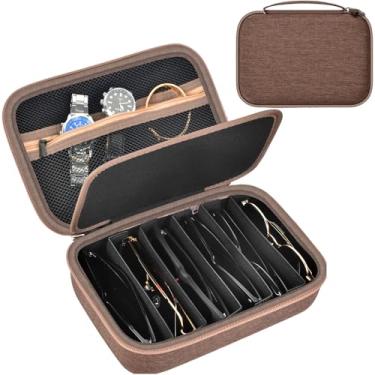 Imagem de Grapsa Estojo organizador de óculos de sol de viagem para óculos de sol polarizados Quay, homens e mulheres, caixa de armazenamento de óculos moderna (apenas bolsa), Café-6 compartimentos, M