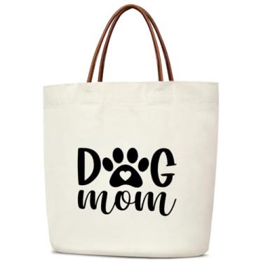 Imagem de mermermu Bolsa feminina de lona Dog Mom, presente de aniversário de Natal para amantes de cães, sacolas de compras de supermercado reutilizáveis estéticas com alças de couro, bolsa de ombro dobrável
