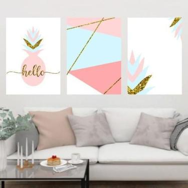 Imagem de Kit 3 Quadros Abacaxi Rosa, Azul Geométrico 33X24Cm Branca - Quadros O