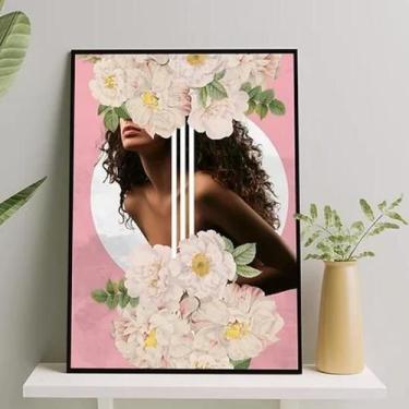 Imagem de Quadro Mulher Morena Flores Rosa 24X18Cm - Quadros On-Line