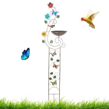 Imagem de Banheira de pássaros alta, banheiras de pássaros independentes - alimentador de água com suporte de plantas com decoração de arte de estaca para pátio, gramado, pátio, jardim