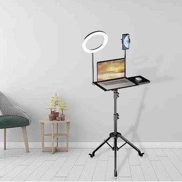 Imagem de JYXYXSCP Suporte para laptop mesa elevada em pé bancada de trabalho de escritório suporte de chão tripé transmissão ao vivo móvel bandeja giratória prateleira