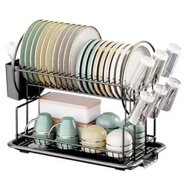 Imagem de BSNANCA Escorredor de louça, escorredor de pratos pequeno de 2 camadas para balcão de cozinha, escorredores de pratos à prova de ferrugem com suporte de utensílios removíveis e bandeja de drenagem