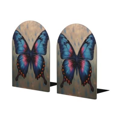 Imagem de Suporte de livros de madeira retrô azul grande decorativo suporte de livros antiderrapante resistente terminais para escritório mesa de escritório em casa biblioteca escola estudo decoração divisórias