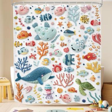 Imagem de Mitpok Cortina de chuveiro infantil com baleia oceânica 152 cm L x 72 A desenho animado submarino submarino submarino animal engraçado coral tartaruga decoração de banheiro meninos meninas tecido