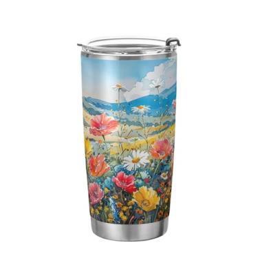 Imagem de xigua Copo de flores silvestres de jardim aquarela com tampa de palha, caneca de viagem a vácuo de parede dupla, caneca de café bem isolada, copo de aço inoxidável para bebidas quentes e frias, 600 ml