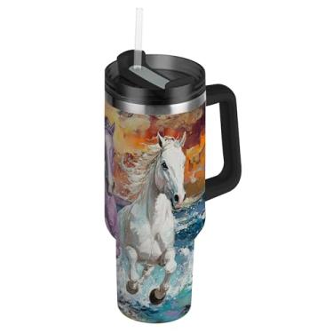 Imagem de SEHANY Copo Majestic Horse 1,134 g com tampa e canudo, aço inoxidável de vácuo duplo isolado garrafa de água esportiva suporte para copo de café de viagem à prova de vazamento para bebida gelada