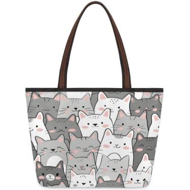 Imagem de Sacola grande para mulheres, gatos, lindas bolsas de pano de trabalho cinza e branco com zíper, reutilizáveis, bolsas de mão casuais, viagens, trabalho, férias, praia, compras, presentes