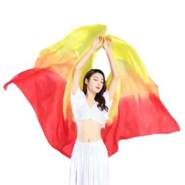 Imagem de TMZAQH Véus femininos de seda verdadeira dança do ventre véu de seda dança do ventre 3 metros lenços de mão cores chamas de fogo, Amarelo, laranja, vermelho, 250*114cm