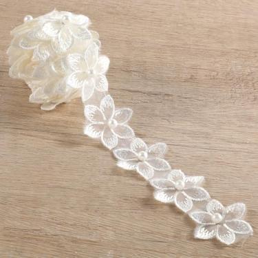 Imagem de Acabamento de flores de renda branca com fita bordada 3D pérola aplique de flores apliques de renda enfeites de vestido de noiva flores de organza para decoração de roupas artesanais DIY