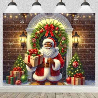 Imagem de HOMETITUTE Pano de fundo preto de Papai Noel 2,4 x 1,8 m, fundo fotográfico afro-americano com presentes, faixa de festa de Natal, decoração de fotografia de Natal para celebração interna em casa