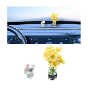 Imagem de Sandfren Conjunto de 2 mini enfeites de espelho retrovisor de carro de margarida de coelho, decorações de painel de veículo de vaso de flores engraçadas, acessórios de painel de carro de coelho Kawaii
