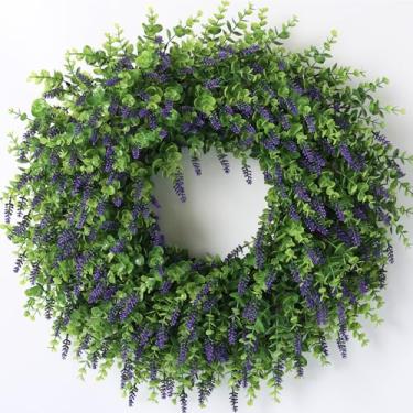 Imagem de Guirlanda artificial de lavanda e eucalipto de 66 cm para porta da frente – Guirlanda externa resistente a UV para parede, janela, casa de fazenda, primavera e verão