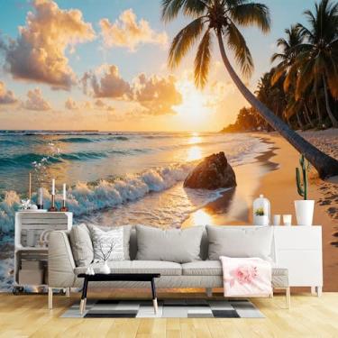 Imagem de Murais de parede de tamanho personalizado, pôr do sol tropical praia areia dourada palmeiras oceano tecido de parede autoadesivo (sem PVC) papel de parede grande removível para sala de estar, quarto
