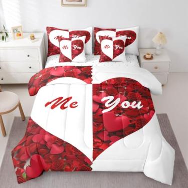 Imagem de Erosebridal Conjunto de edredom com 7 peças, rosa, coração, coração, dia dos namorados, vermelho e branco | Jogo de cama romântica floral para casal, cama rosada, para adultos, meninas e mulheres
