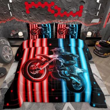 Imagem de Feelyou Jogo de cama infantil de corrida de motocross, tamanho casal, motocross, motocross, ultramacio, estampa 3D, colorido, moderno, azul, vermelho
