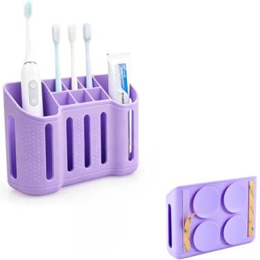 Imagem de Suportes de escova de dentes para banheiros, escova de dentes elétrica, barbeador e suporte de pasta de dente, 6 compartimentos pequenos e 2 compartimentos grandes, almofada de sucção e fita adesiva