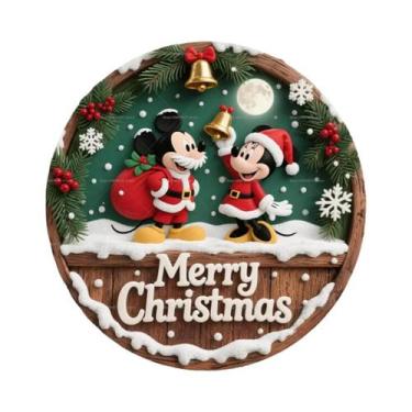 Imagem de Feliz Natal Disney Mickey Minnie Placa Redonda De Madeira Personalizad