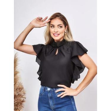 Imagem de Blusa Social Evangélica Gola Pérola Manga Bufante com Babado - G-Store