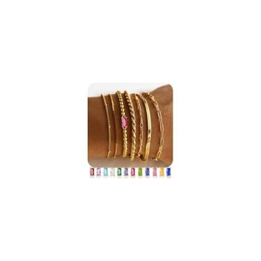 Imagem de M MOOHAM Pulseiras de pedra do mês de nascimento de ouro não manchadas para mulheres - Pulseiras delicadas banhadas a ouro real 14K com contas de corda e clipe de papel, pulseira empilhável, amizade