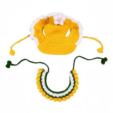 Imagem de Conjunto de chapéu e babador de crochê feito à mão, design de girassol amarelo com acabamento branco, acessório de fantasia de cachorro e gato pequeno para Halloween e Natal