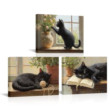 Imagem de LyerArtork 3 peças de arte de parede de gato preto impressões em tela pintura animal arte moderna decoração de parede para cozinha sala de estar quarto decoração 12"x16"x3