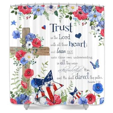 Imagem de DYNH Cortina de chuveiro com flores da Bíblia, Trust in The Lord com palavras motivacionais e escrituras cristãs, cortina de banheira cruzada, decoração abstrata de banheiro borboleta de fazenda