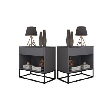 Imagem de Conjunto 2 Mesas de Cabeceira Malta Cinza com Base de Ferro Preto - LC
