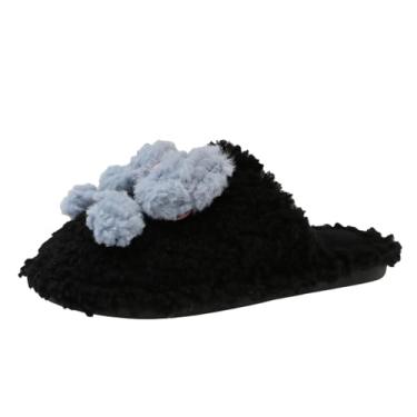 Imagem de Pantufas femininas com laço de sola macia para outono inverno casual e conforto moderno, Preto, 34
