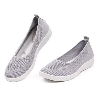 Imagem de MUSSHOE Sapatos de caminhada femininos sem cadarço: tênis de malha de bico redondo: confortável, clássico, casual, respirável, leve, mocassim para mulheres maduras de 30 a 60 anos, Cinza, prata, 38