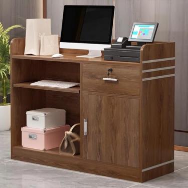 Imagem de Mesa de recepção moderna com gavetas trancáveis, balcão de madeira para salão e escritório, balcão de caixa de varejo com armazenamento, marrom, 120 cm