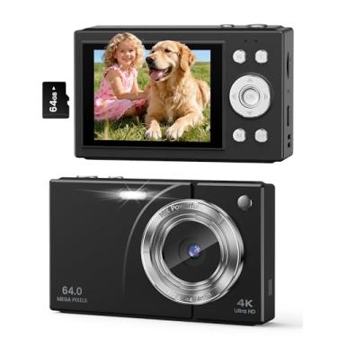 Imagem de Câmera digital 4K para crianças adolescentes iniciantes, câmera apontar e fotografar 64 MP com cartão SD de 64 GB, câmera compacta e leve de vlogging de viagem com zoom de 16X e função de webcam