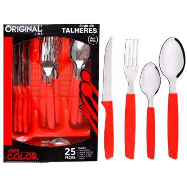 Imagem de Jogo Talheres Faca Garfo Colher 25 Pçs Jjb Utilidades Verm.