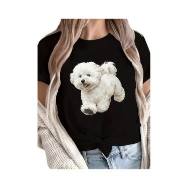 Imagem de Camiseta Gráfica Feminina Branca Bichon Frise, Top Casual De Cor Sólid