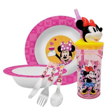 Imagem de Kit Refeição Infantil Minnie Disney 6 Peças Prato, Tigela, Copo 3D e Talheres