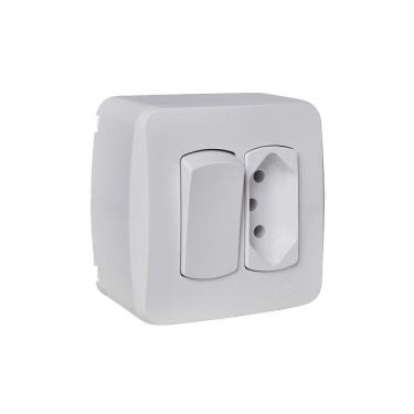 Imagem de Interruptor Sobrepor Miluz Schneider Tecla Simples +Tomada 2P+T 10A Branco