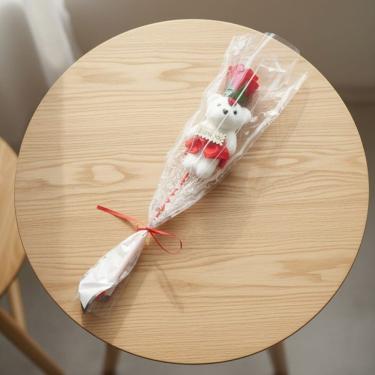 Imagem de Rosa Artificial com Ursinho I Love You na Haste Presente Decorativo Branco e Vermelho de Coração Shop