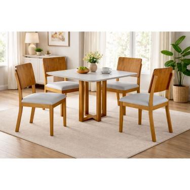 Imagem de Conjunto Sala de Jantar Melissa 4 Lugares Tampo em MDF com Cadeiras de Madeira Maciça Mel-cinza Prata 90cm