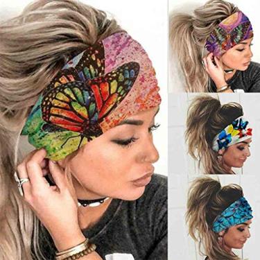 Imagem de Olbye Bandanas largas boho, borboleta, botão elástico, bandanas de cabelo, bandana, ioga, corrida, turbante atlético, cachecóis, acessórios de cabelo para mulheres, 4 peças (Boho)