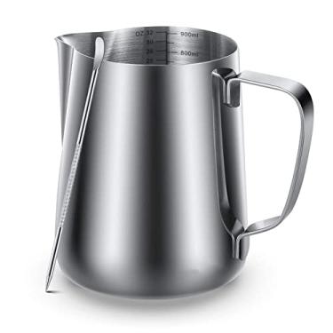 Imagem de AISAMEFE Jarro de vapor de aço inoxidável, jarro de vapor espresso, copo de espuma de leite de café, jarro de café com caneta de decoração para máquinas de espresso, cappuccino, latte art (947 g)