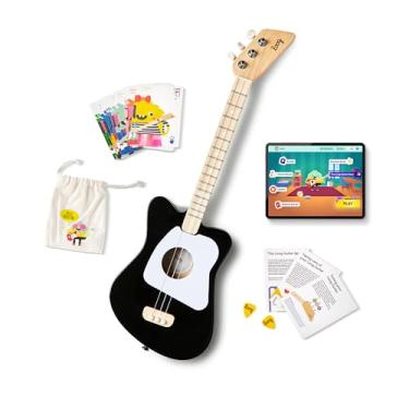 Imagem de Loog Miniguitarra acústica infantil para iniciantes 3 cordas a partir de 3 anos de idade aplicativo de aprendizagem e lições incluídas preto
