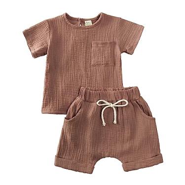 Imagem de Mercatoo Conjunto de 2 peças para bebês meninos camisetas de manga curta com cintura elástica e shorts para crianças, Marrom, 3-6 Meses