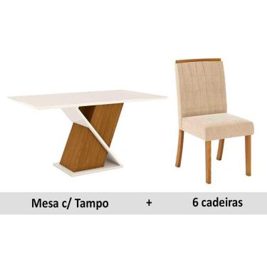 Imagem de Conjunto: Mesa Sala Jantar Solus c/ Tampo Madeirado Vidro 160cm + 6 Cadeiras Tauá Nature/Veludo Light Linho - Henn